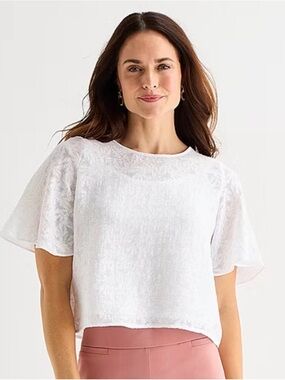 Liz Claiborne White Textured Flutter-Sleeve Semi-Sheer Blouse with Camisole